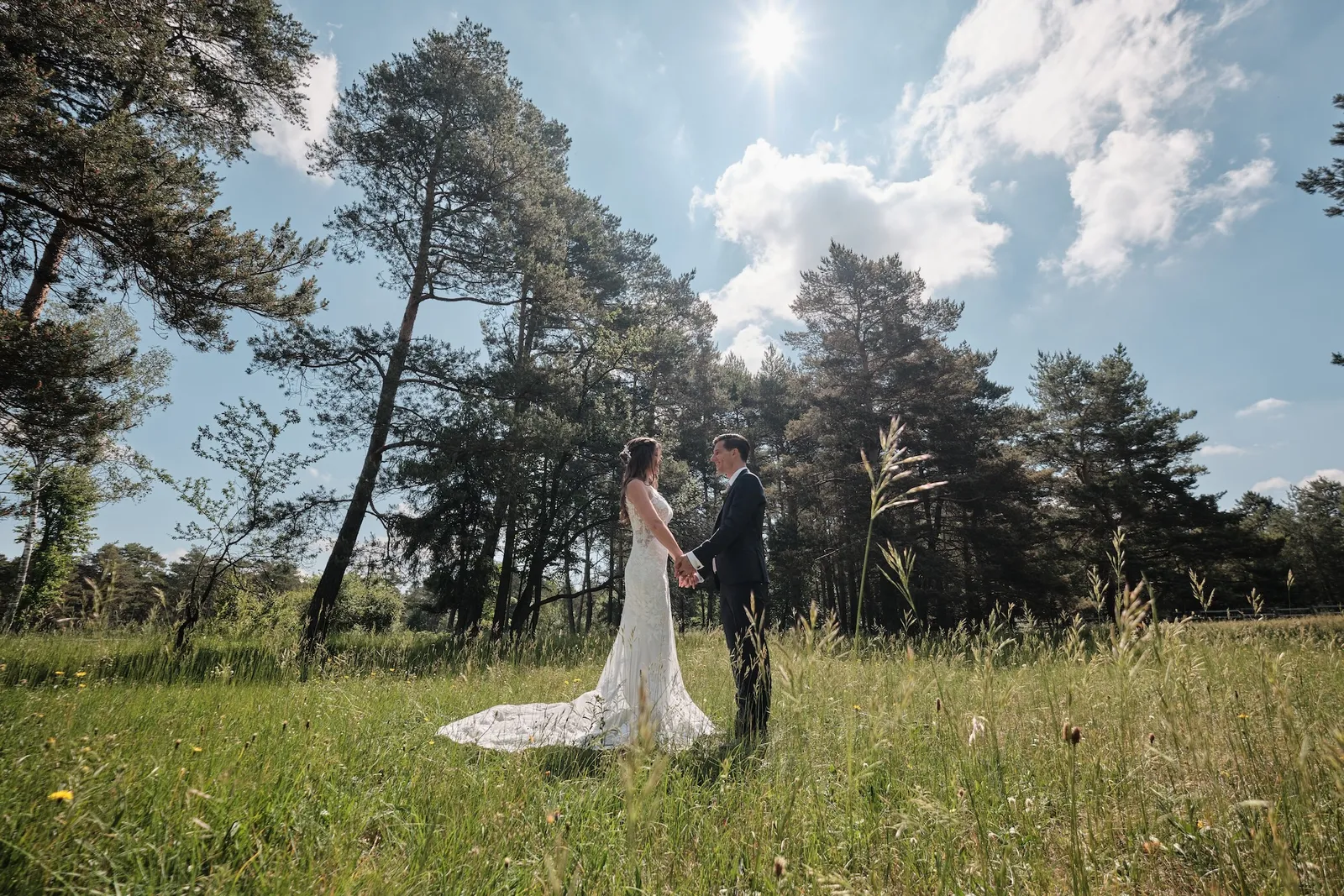 Weitwinkelaufnahme des Brautpaars unter Kiefern mit Sonne im Gegenlicht – Hochzeit Markus & Tanja, Königsbrunner Heide
